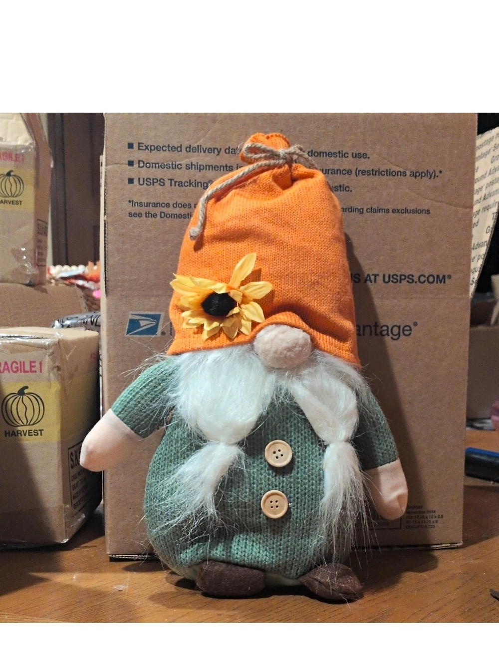 Autumn Orange & Green Gnome Plush Accent - Decorative Fall Gnome